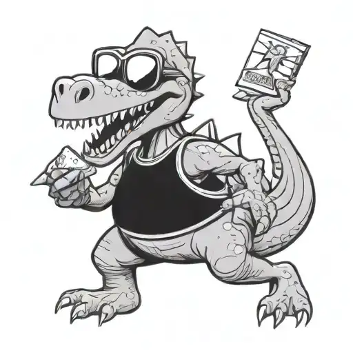 Black and white caricature drawing of dinosaur with sunglasses holding happy meal box tattoo design idea