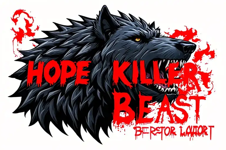 one centered black werewolf head with "HOPE KILLER" written above it in red and the word "BEAST" written below it tattoo design idea