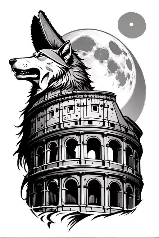 Spartan and Colosseum and wolf howling at the moon tattoo design idea