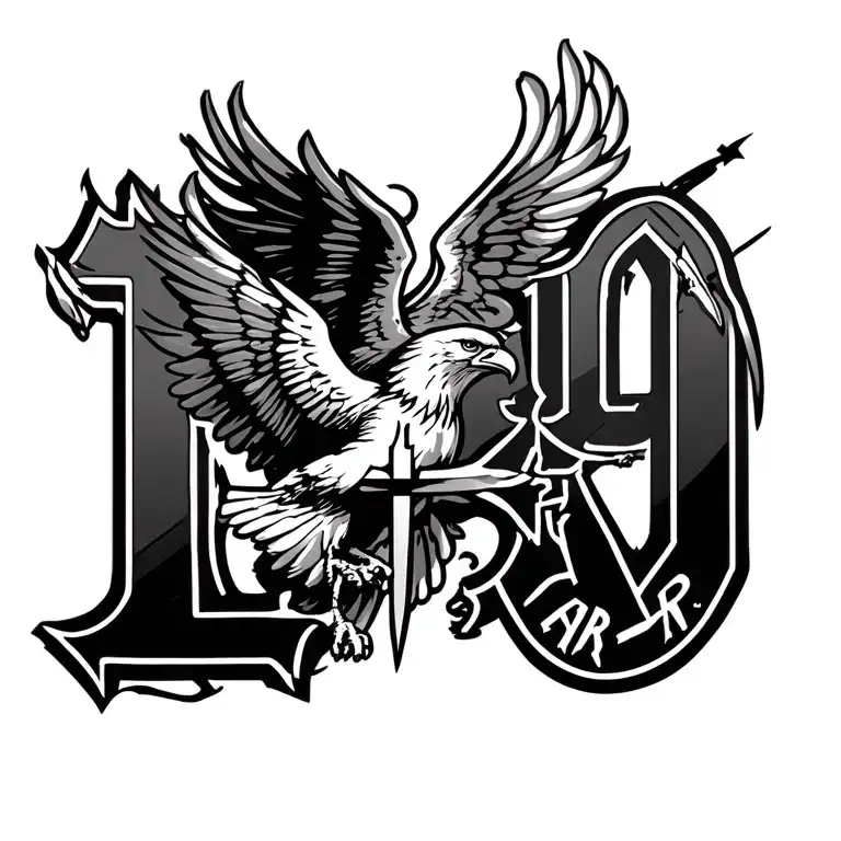 The number 19 with ZJR and ALR incorporated with a cross and an eagle flying tattoo design idea
