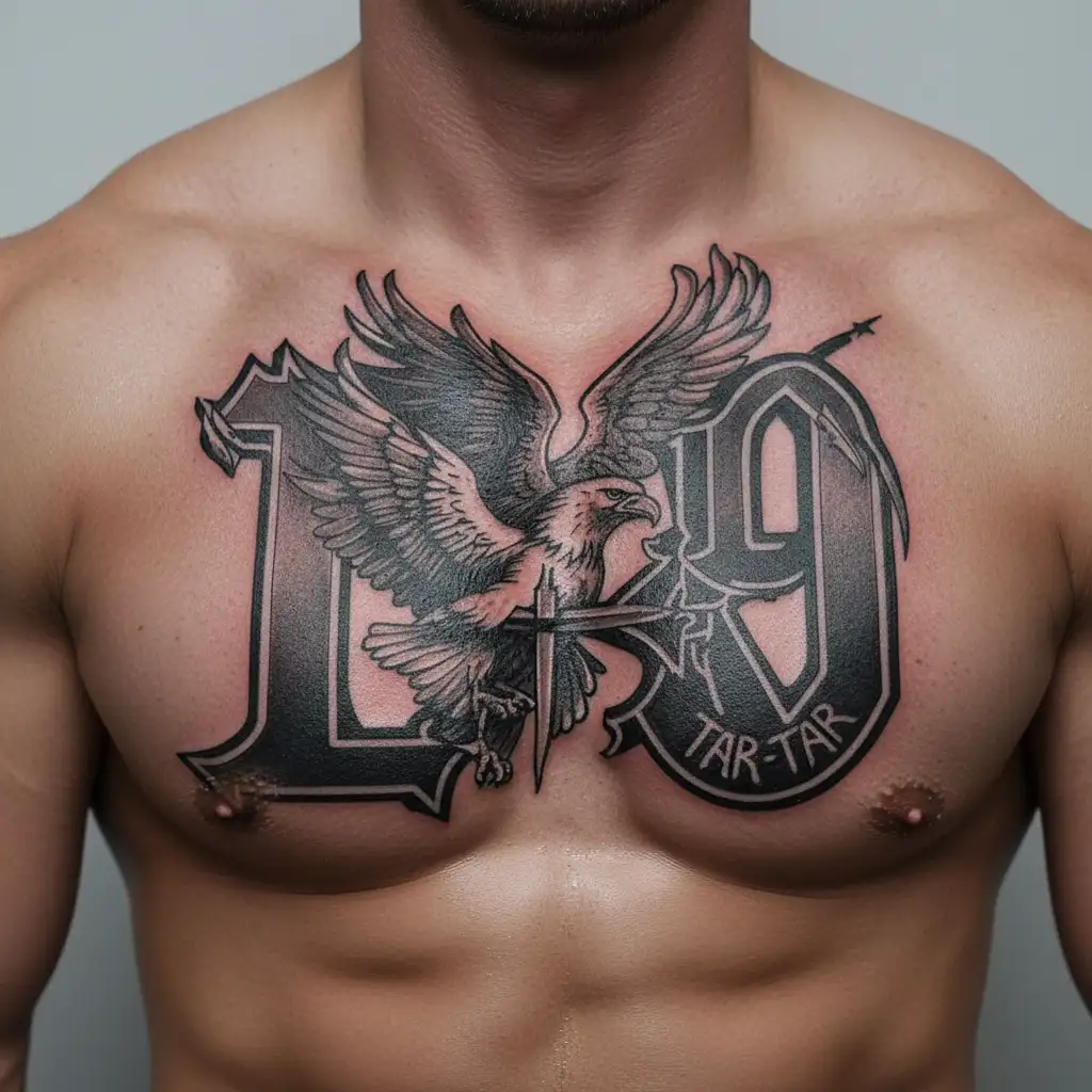 The number 19 with ZJR and ALR incorporated with a cross and an eagle flying tattoo design idea