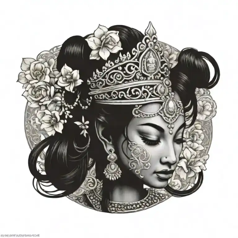 Cambodian apsara crown with sak yant and apsara jewelry tattoo design idea