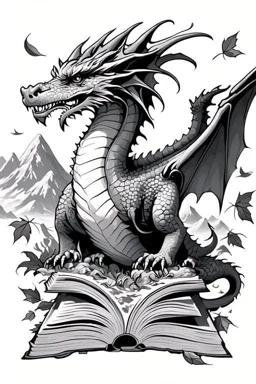 Dragon with wings, with mountains in the background, with falling leaves and everything coming out of a book. Fine line and realism tattoo design idea