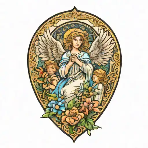 A tattoo design of a guardian angel watching over a group of children and grandkids, with each child holding a bouquet of May flowers, January flowers, and June flowers tattoo design idea