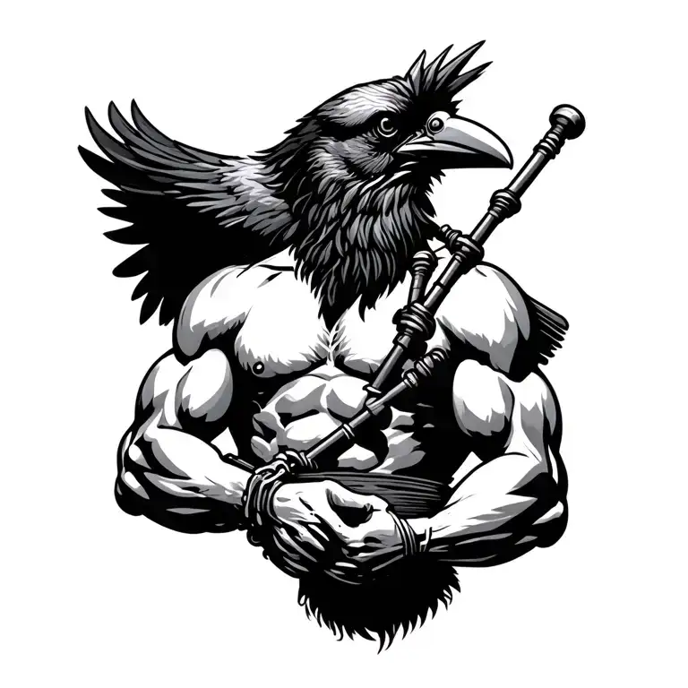 designs on wood carving crow muscular  bagpiper playing the bagpipes baldblack beard tattoo design idea