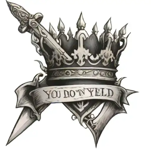 Crown, Sword, Fire, "you do not yield" written in a sword tattoo design idea