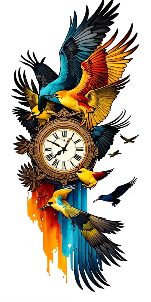clock at 11:17 and 3 birds flying in the sky tattoo design idea
