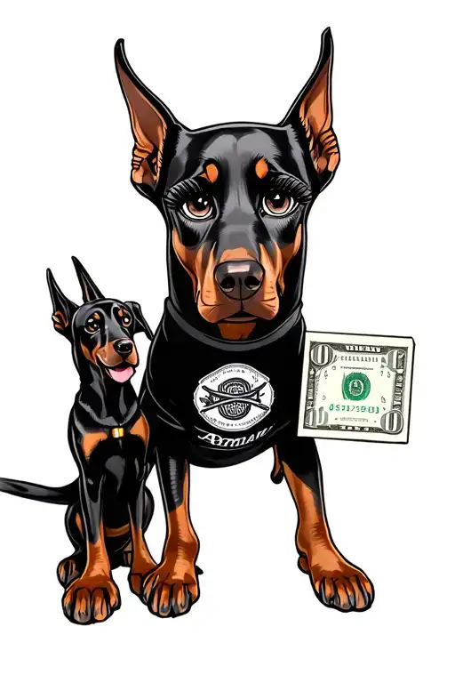 Bratz doll with long eyelashes, Doberman sitting at his feet, a pack of dollars in his hand, Armani T -shirt, against the backdrop of rays and bucks tattoo design idea