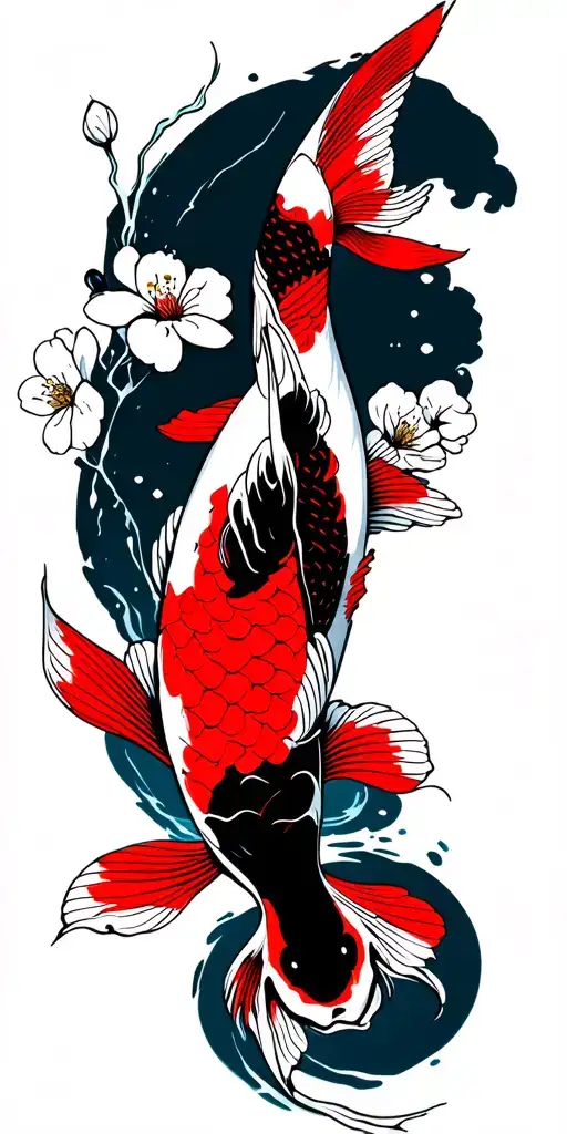 koi fish with red and black details and cherry blossoms tattoo design idea