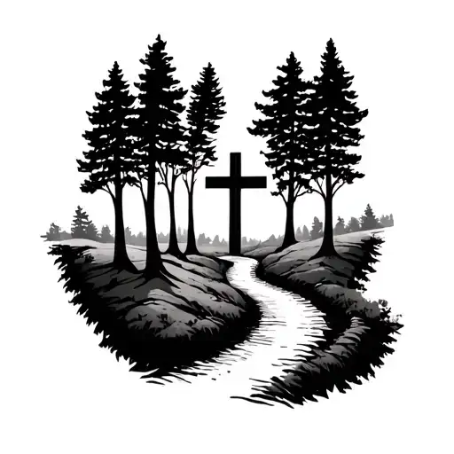 winding path through trees to a cross section tattoo design idea