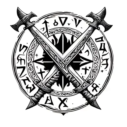 Viking Runes Brotherhood , Axes Crossed Swords And Xlv Written In Centre Of Symbol tattoo design idea