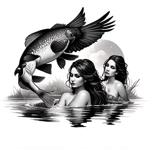 a bird hunting a fish with sexy sirens watching tattoo design idea