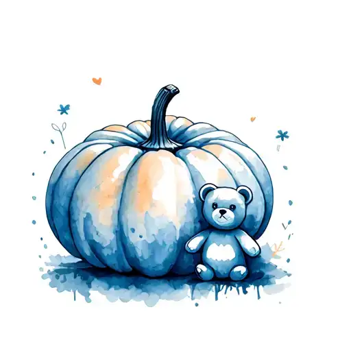 blue eyed pumpkin next to small teddy bear tattoo design idea