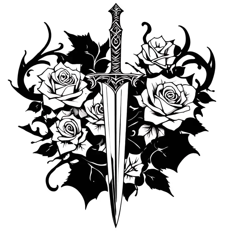 dagger with vines going down and roses growing from dagger to the sides horizontally, T shape tattoo design idea