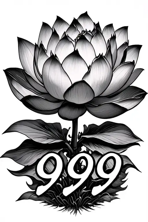 lotus flower with the words 999 printed, making a break in the stem. juice world inspired with hidden coma tattoo design idea