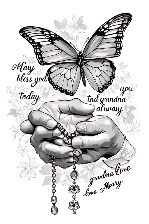 in cursive "may god bless you today and always, love grandma mary". with butterfly and hands holding a rosary tattoo design idea