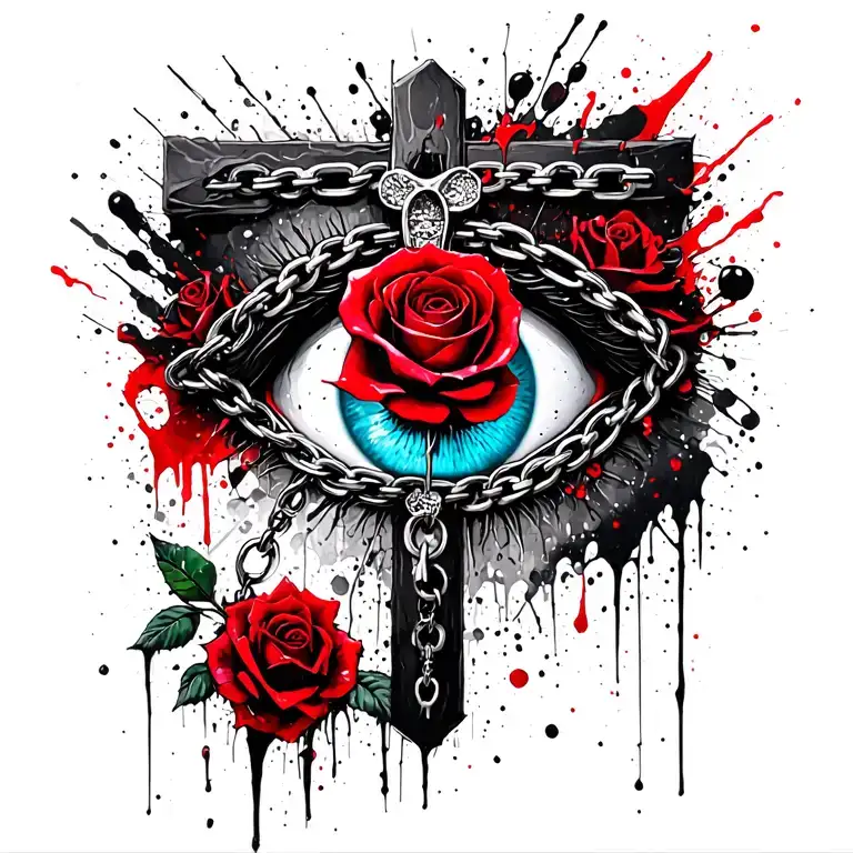 "I Remember Your Eyes" The cross on which is drawn by a light blue eye inside which is a rose of winds, jewelry: chains, roses, skulls tattoo design idea