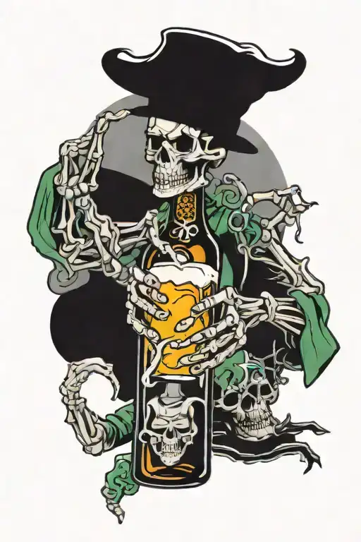 Beer bottle and skeleton hand holding tattoo design idea