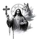 god holding rosary surrounded by clouds and cross with a wolf  tattoo design idea