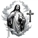 god holding rosary surrounded by clouds and cross with a wolf  tattoo design idea