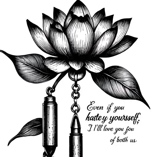 lotus flower, necklace with bullet pendant, text:  Even if you hate yourself, I'll love you for the both of us. tattoo design idea