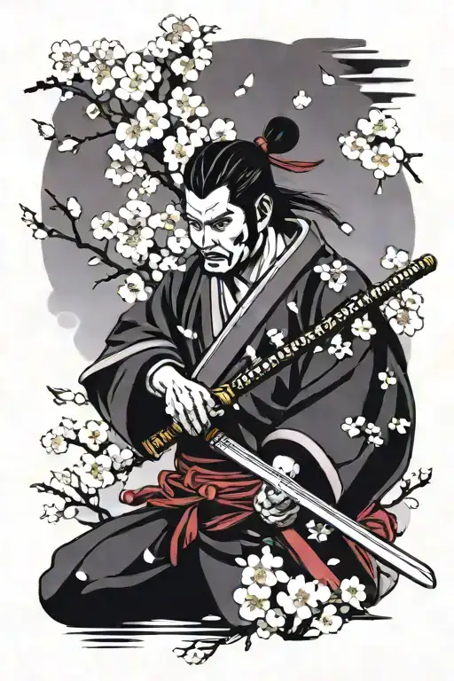 samurai with mask holding sword down, with cherry blossoms falling tattoo design idea