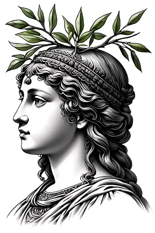 I want you to make the face of the goddess Hestia with a bay branch or olive tree at the top of her head tattoo design idea