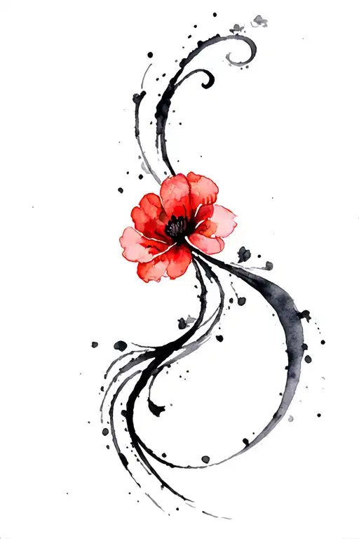 a flowing black brush like design with a red flower going up my right side ribs and finishing on my chest. tattoo design idea