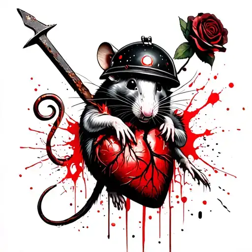 rat impaled by a rusty nail through its heart holding a black rose, its wearing a helmet made of a anothers rats skull tattoo design idea