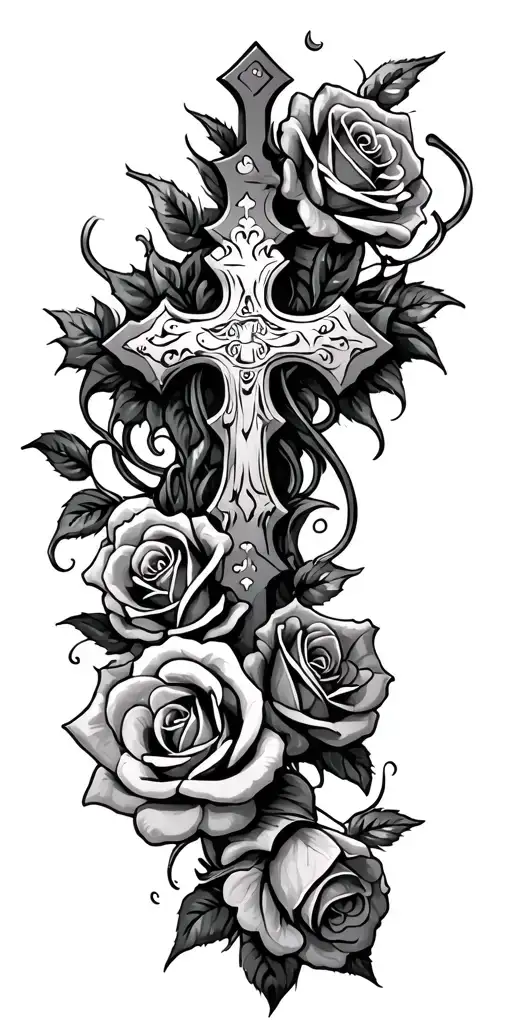 "shrik" memoral tattoo with a cross and roses intertwined tattoo design idea
