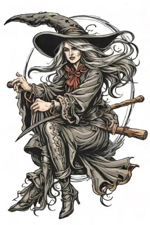 an elegant and realistic witch with two different colour eyes and Long flowing hair sitting on a classic broomstick feat tattoo design idea
