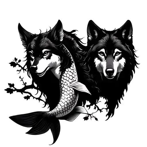 Pisces koi with ash tree and a mermaid and a mother wolf with 2 pups tattoo design idea