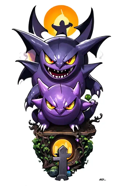 Pokemon Gastly, Haunter, and Gengar in color for half-sleeve tattoo.  Graveyard, shadowy, smoky and mysterious tattoo design idea