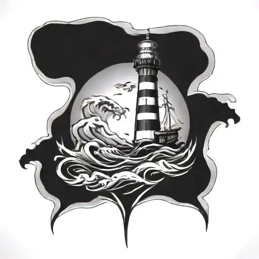 anchor, ocean waves and light house tattoo design idea