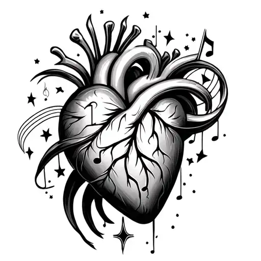 realistic heart interwoven with music note and stars tattoo design idea