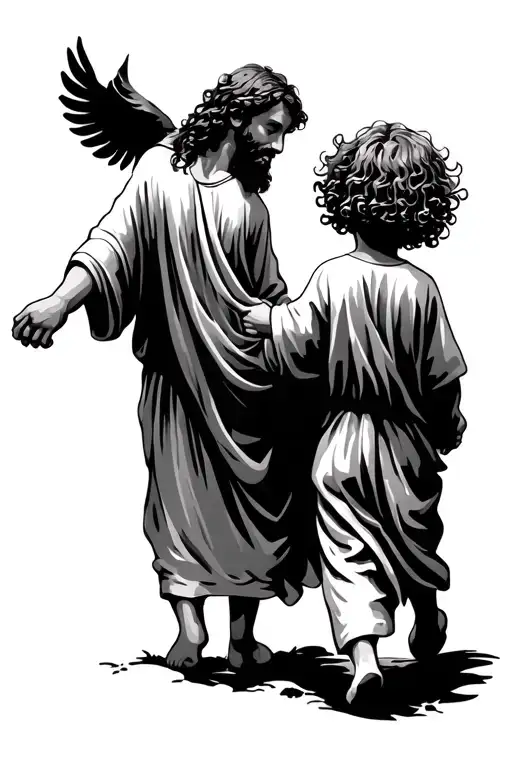 Jesus walking beside a little boy with curly hair holding hands. they are walking away, we see their backs. tattoo design idea