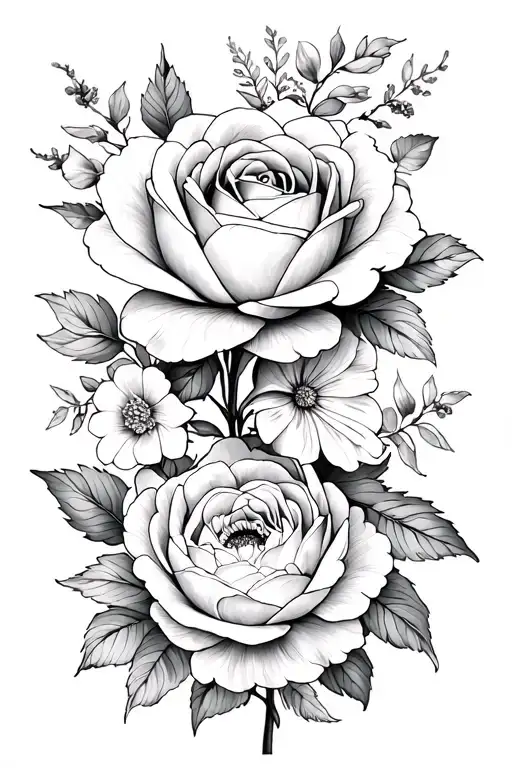 floral tattoo design une Rose et 2peony and other flowers tattoo design idea