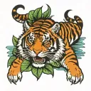 tiger with lily pad colored side of thigh tattoo tattoo design idea