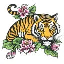 tiger with lily pad colored side of thigh tattoo tattoo design idea
