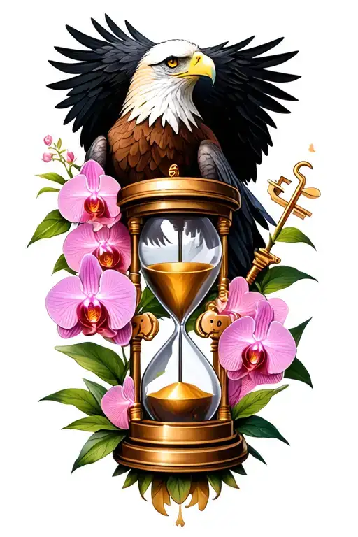 eagle represents protection of my kids with simple hourglass, orchids and lock and key  tattoo design idea