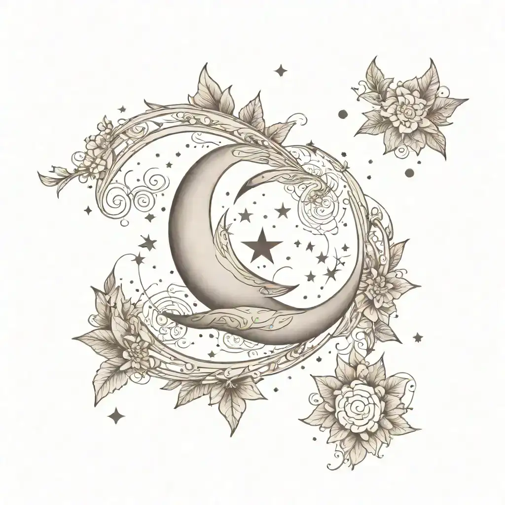 Design a minimalist wrist tattoo featuring a crescent moon and celestial elements. The tattoo showcases a small crescent moon in the center with a subtle gradient shadow effect, accompanied by a delicate star above the moon. Small dots are placed symmetrically above and below the moon, creating a balanced and harmonious composition. The tattoo is placed on the inner wrist, with clean and fine black ink lines that give it an ethereal, mystical look. The overall style is simple yet elegant, evoking a celestial and spiritual vibe tattoo design idea