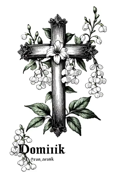 "Dominik" cross with lily of the valley, leaves and names tattoo design idea