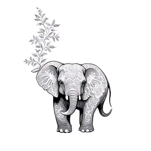 elephant, flowers, to go on my upper thigh tattoo design idea
