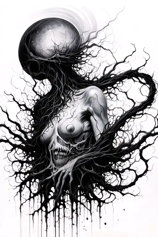 a blurry silhouette, inner chaos, and surreal torment, visceral filament tattoo design idea
