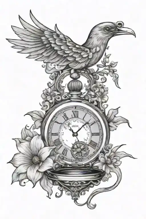a broken pocket watch where the time is stopped at 6:05, with a mix of suculante flowers with the bird of the after life tattoo design idea