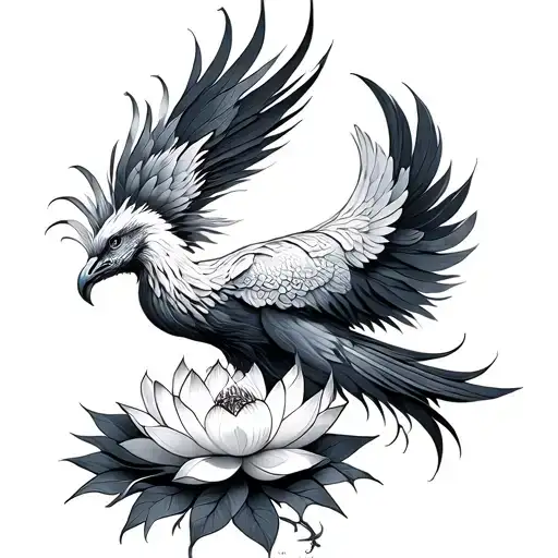 fine line phoenix with lotus flower tattoo design idea