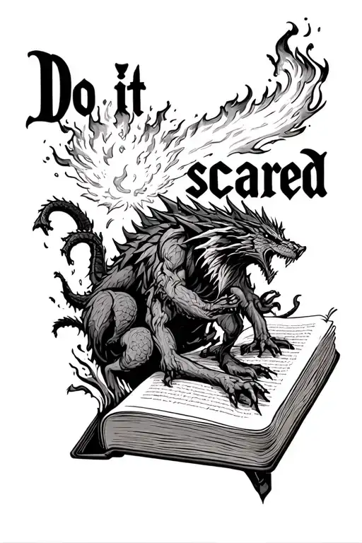 "Do it scared" open book with a fireball, werewolves and dragons poping out tattoo design idea