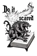 "Do it scared" open book with a fireball, werewolves and dragons poping out tattoo design idea