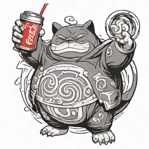 Pokémon snorlax in dragon ball z majin buy attire drinking a Coca Cola  tattoo design idea