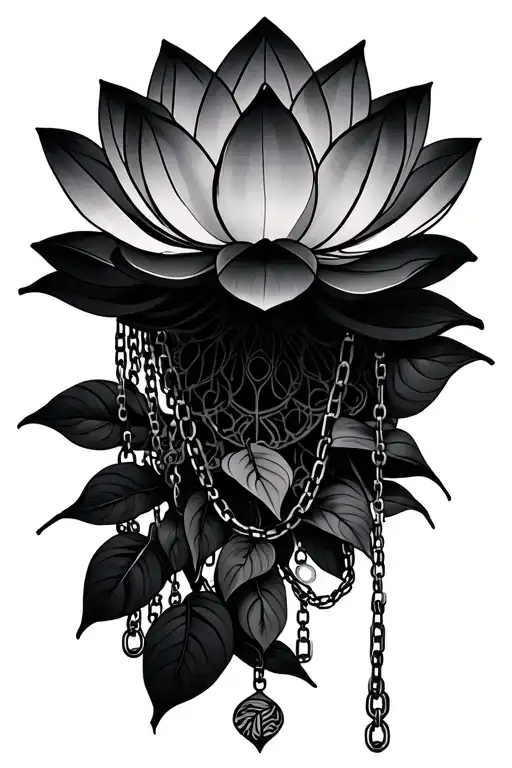 geometric lotus flower, chains hanging, lace tattoo design idea